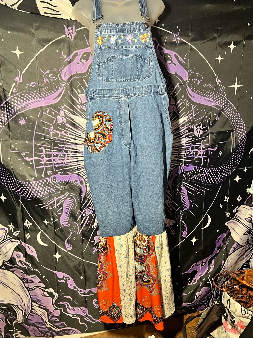 Up cycled vintage Embroidered Denim Overalls with Paisley Patchwork - Blue